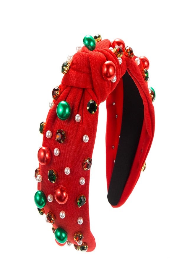 Sokfone Women's Pearl Knotted Headband - Top Knot Holiday Headband, Red and Green Pearl Rhinestone Crystal Gem Hairband, Christmas Topper Gift - Image 1